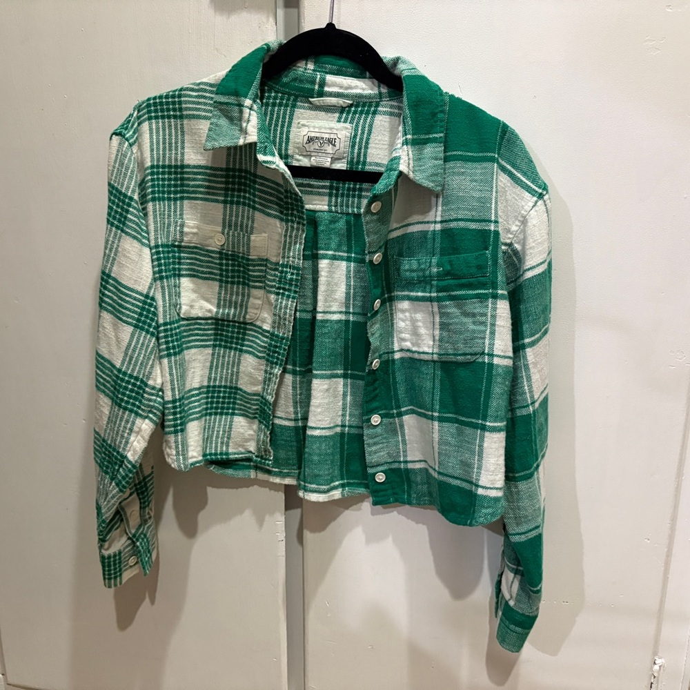 American Eagle Outfitters Green and White Plaid Crop Top